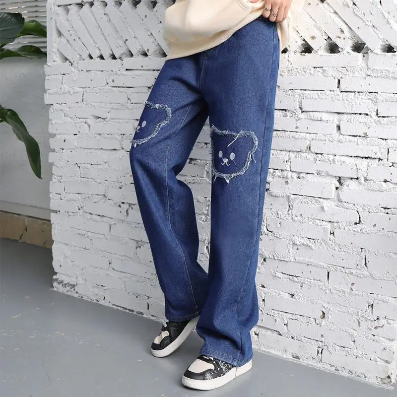 Wenig Bär Patch Mädchen Gerade Nette Casual Hosen Kleine Hohe Taille Retro Spicy Mädchen Jeans