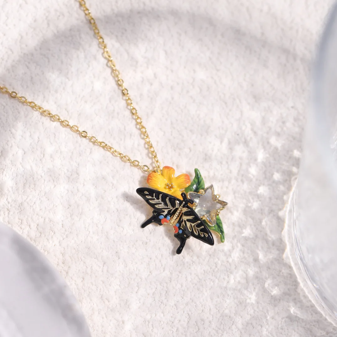 Fashion Trends Sweet and Fresh Eggplant Dream Mo Language Series  Enamel Craft Yellow Jasmine Butterfly and Star Necklace