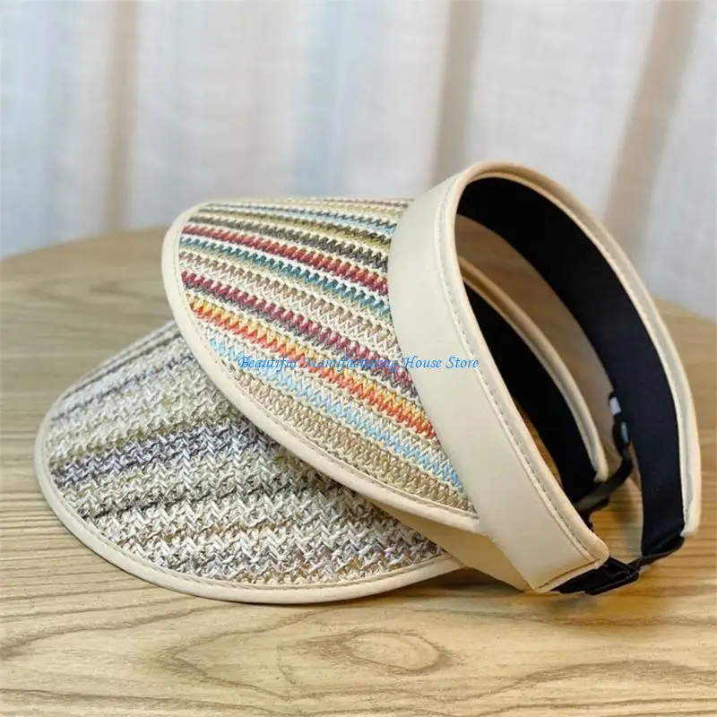 

E56A Teens Empty Top Hat Visor Hat with Colorful Stripe Sun Hat for Hot Day Traveling