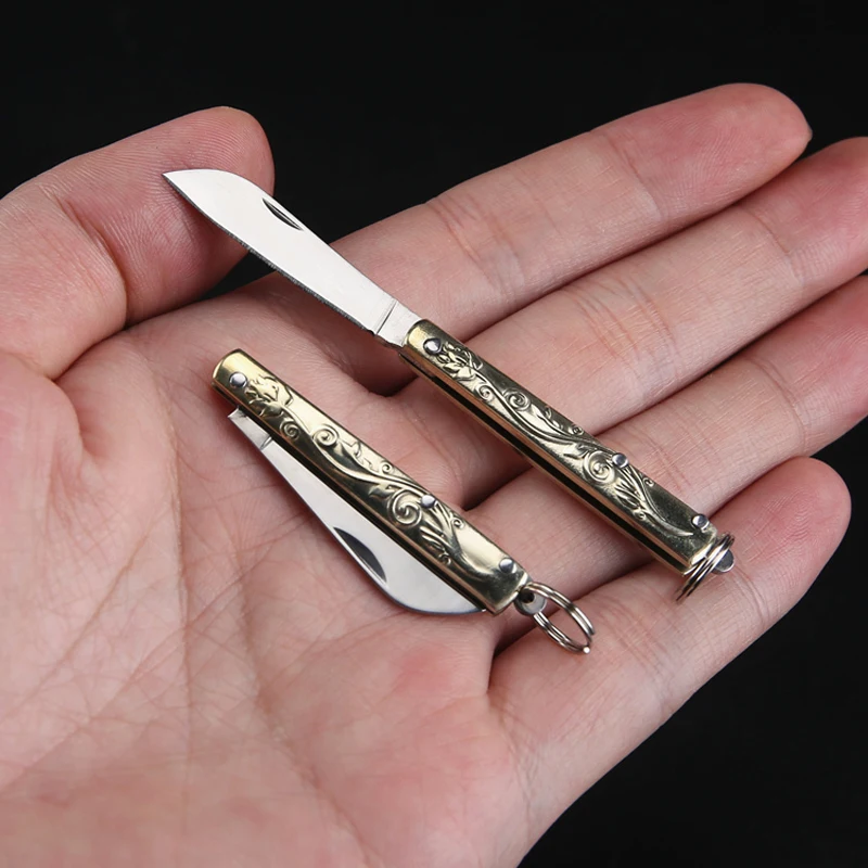 Brass Mini Folding Knife Multifunction Key Ring Pocket Outdoor EDC Fruit Knives Stainless Steel Keychain Fold Knife Small