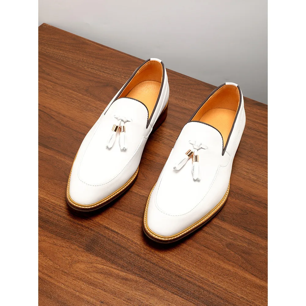 Men's Summer Breathable Genuine Leather Loafers White Slip on Lazy Shoes British Tassel Soft Sole Casual Leather Shoes