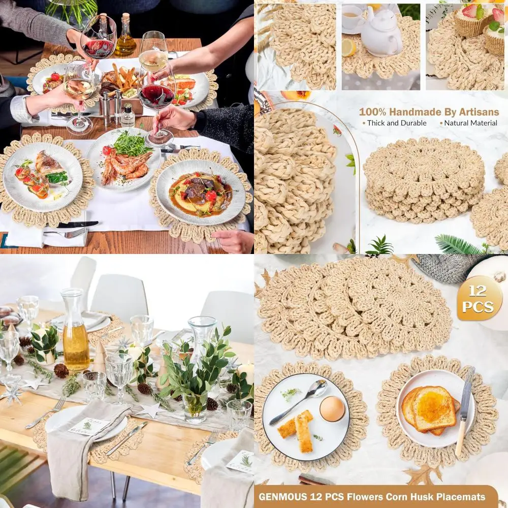 

12-Piece Natural Corn Husk Braided Table Mats, Bohemian Rattan Wicker Chargers for Home, Weddings, and Holidays