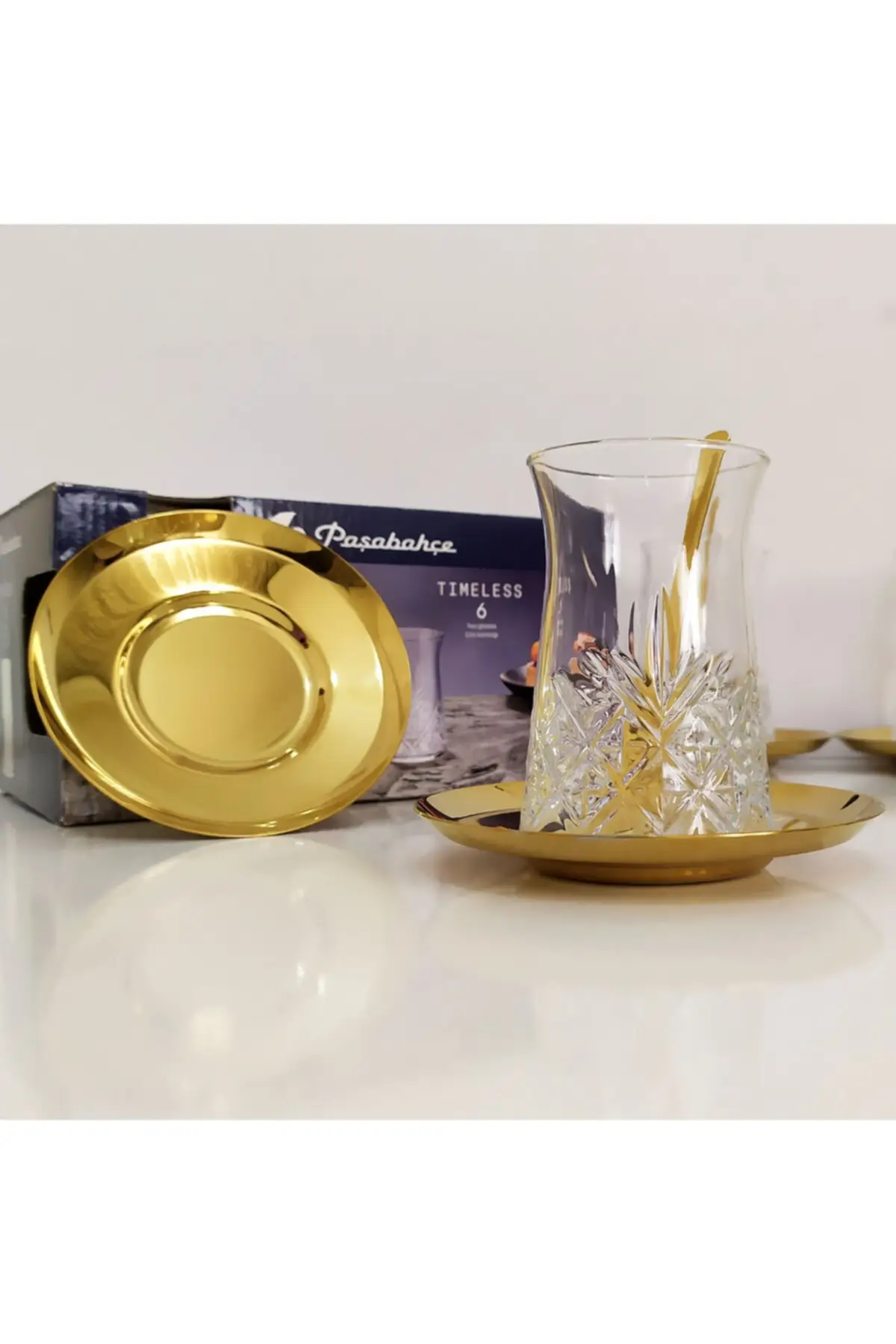 DOLBOVI 42891 Timeless Tea Cup steel Gold plate and spoon set-6 seater Turkish Tea Glass Cup