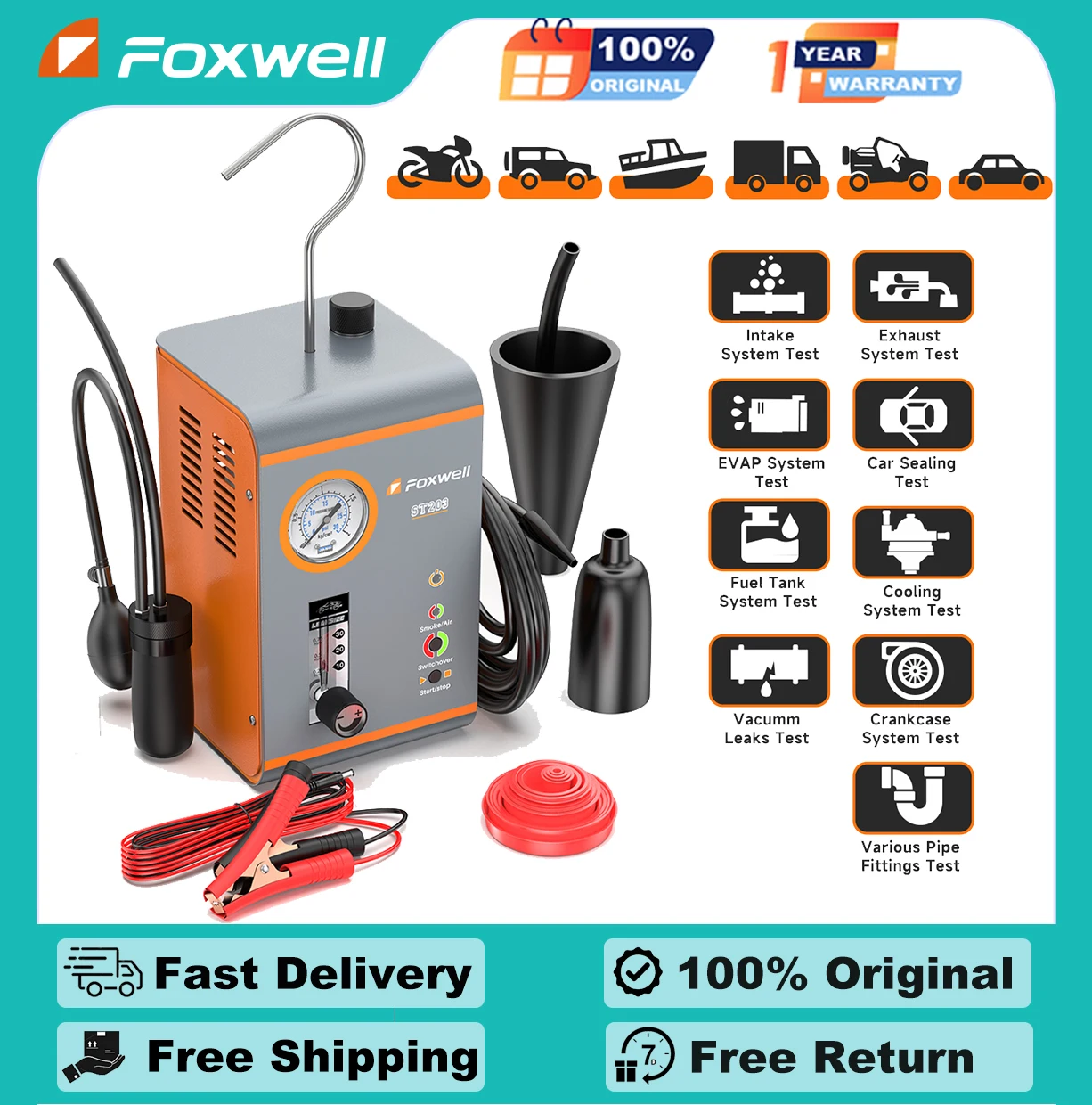 

FOXWELL ST203 Car EVAP Smoke Machine Diagnostic Tool Built-in Air Pump EVAP Vacuum Leak Detector Dual Cars Pipe Leakage Tester