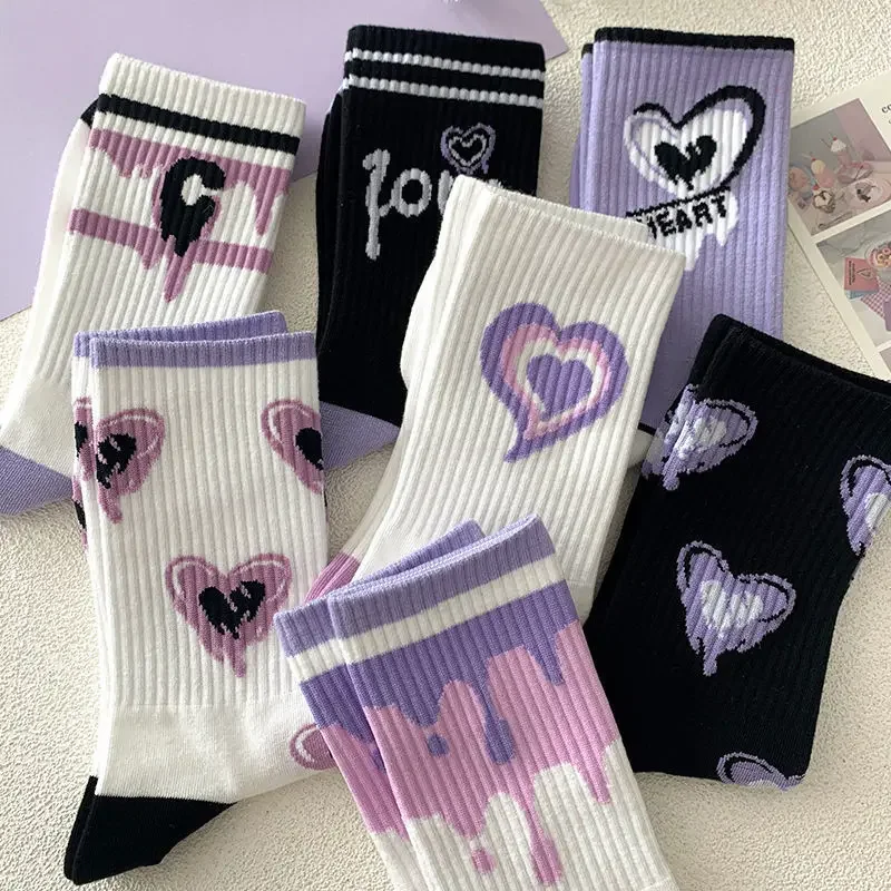 1/6 Pairs Love Print Socks Purple Women Socks Female High Beauty in Spring Summer Fried Street Middle Tube Socks Harajuku Medias