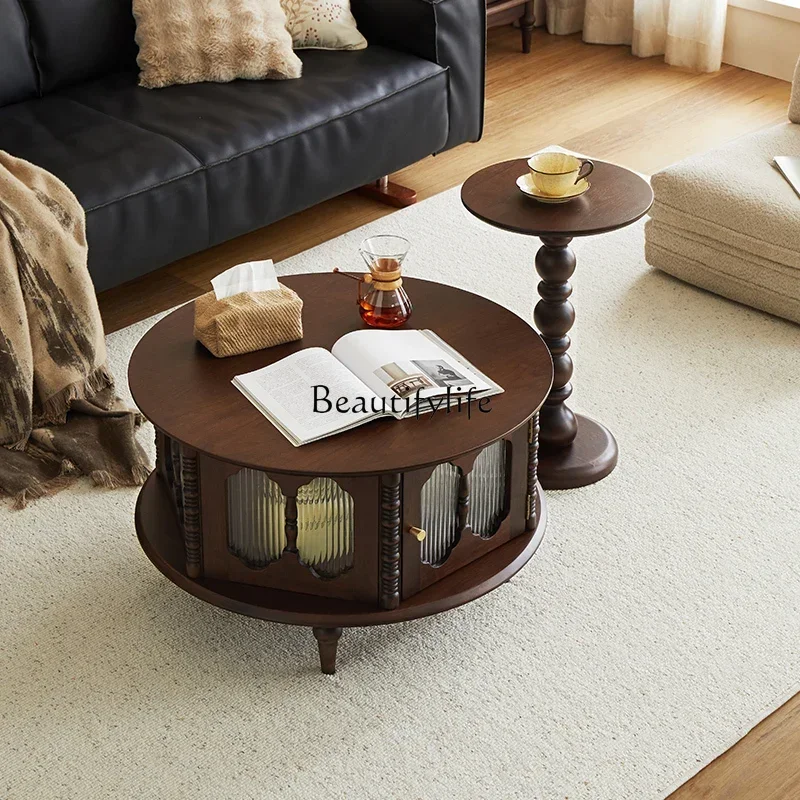 

FG17Solid wood retro living room coffee table combination round tea table medieval mobile