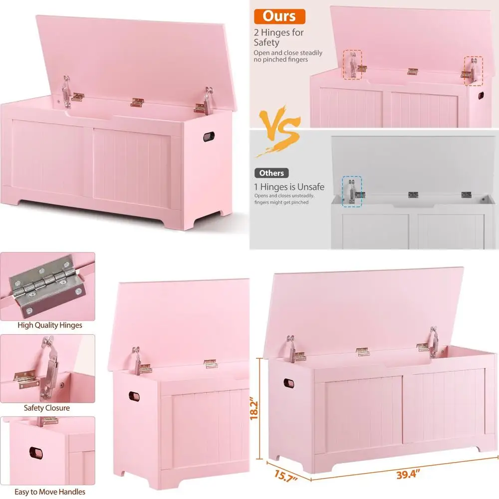 

Wooden Shoe Storage Bench Organizer, 39 Inch Entryway Chest Box with Safety Hinges, Pink Shoe Organizer Storage Bench