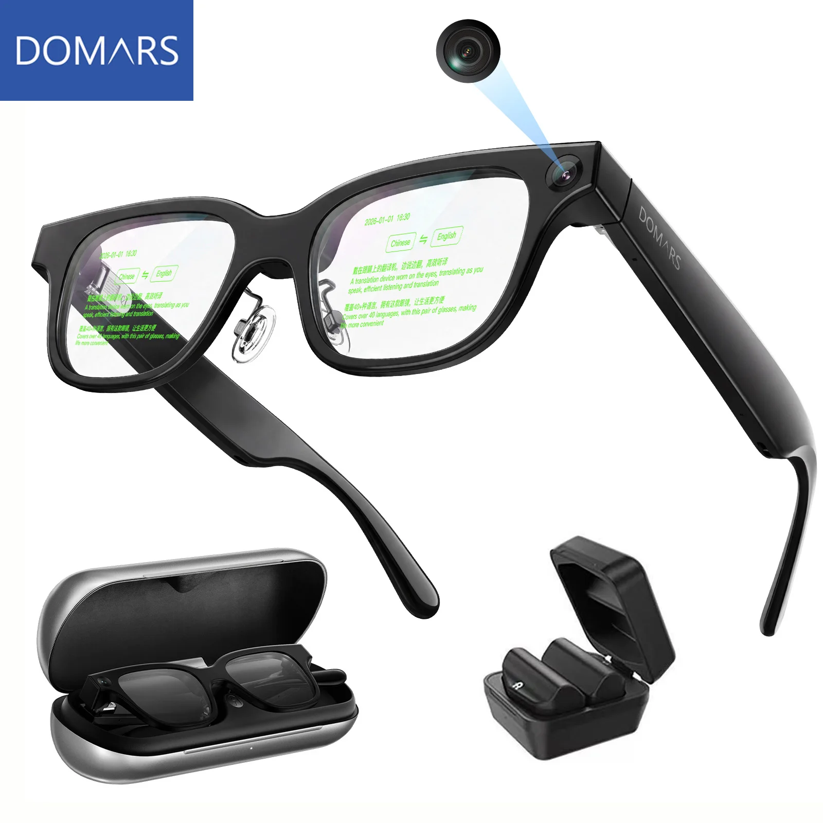Domars AR Smart Glasses with AI Real-Time Translation Photo Recognition Teleprompter Display Voice Assistant and Charging Case