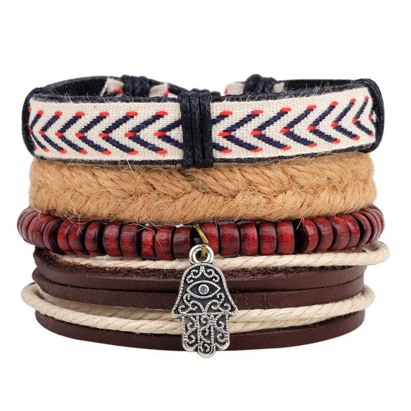 Punk Simple Individuality Fashionable Minority Leather Citron Hands Gentleman Leather rope Knit String of beads Bracelet
