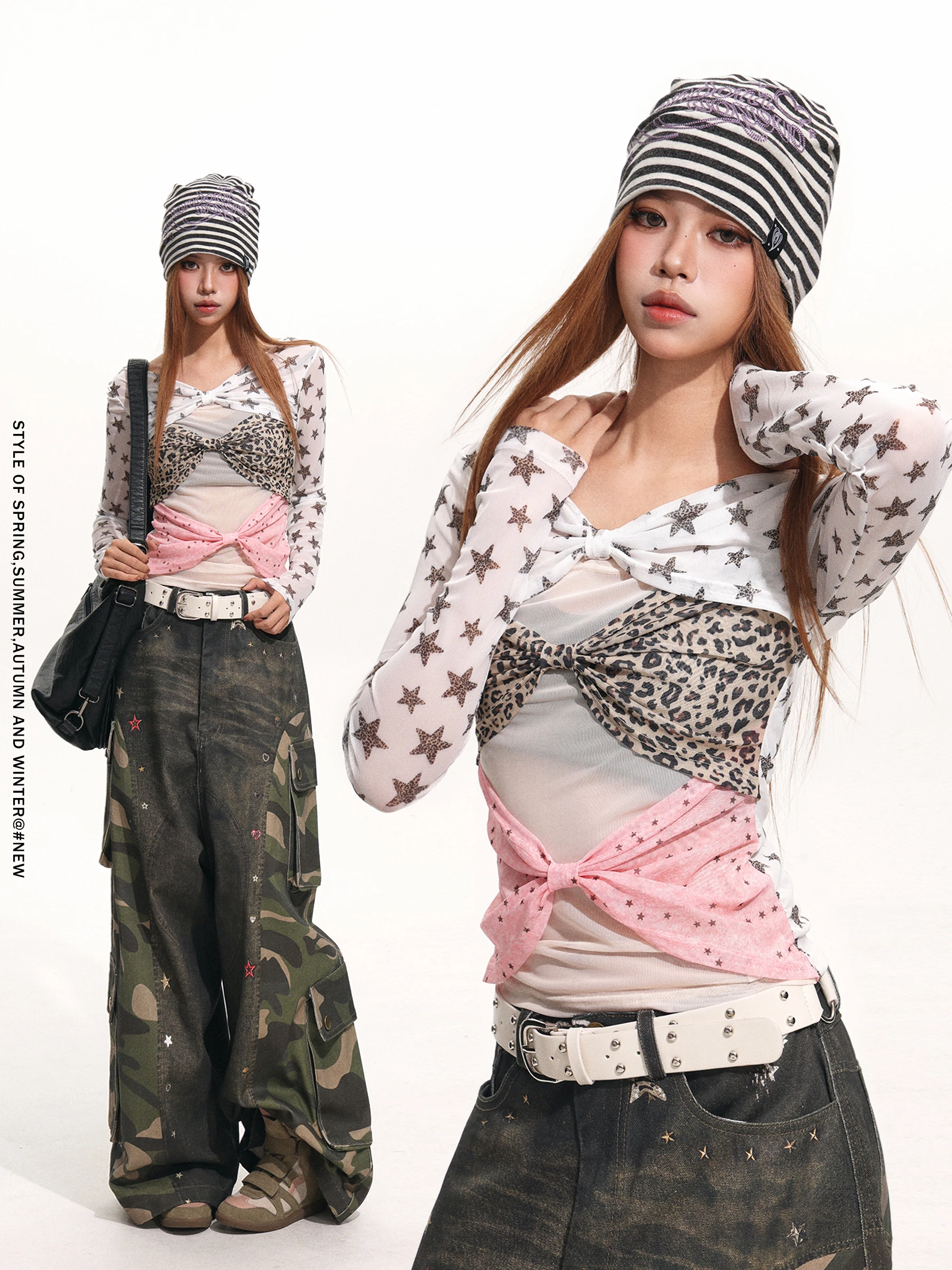 

Women's Slim Fit Me Base irt with Leopard Print Design Autumn Color Colion American Sle Hot Girl ort Top