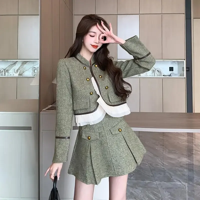 Socialite Style Elegant Tailored Jacket Top Half Skirt Color Block Wool Suit New Arrival Real Tested