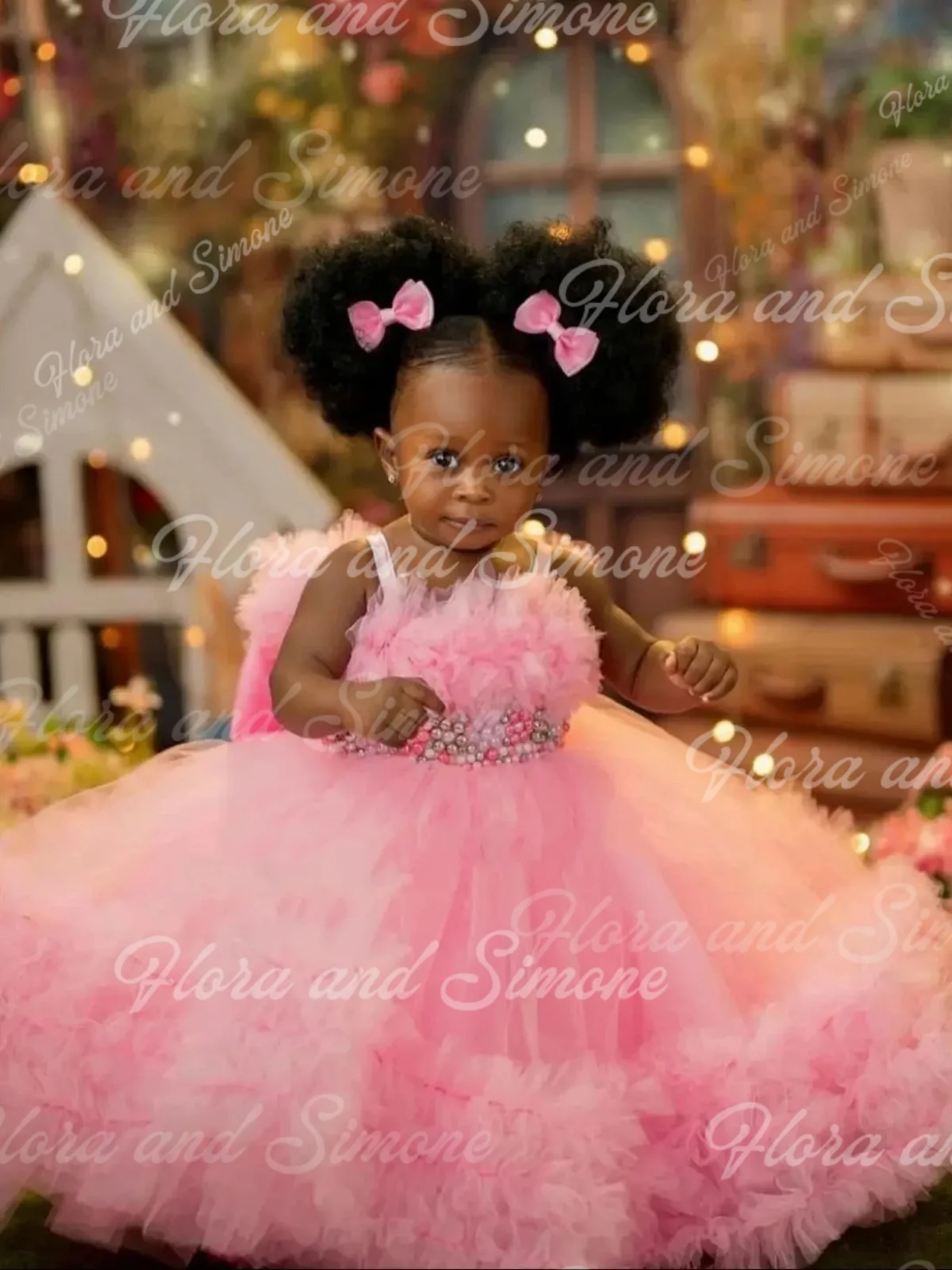 Pink Flower Girl Dress for Wedding Puffy Sequins Applique Tiered Sleeveless Kids Birthday Gowns Luxury Princess Dress Customized