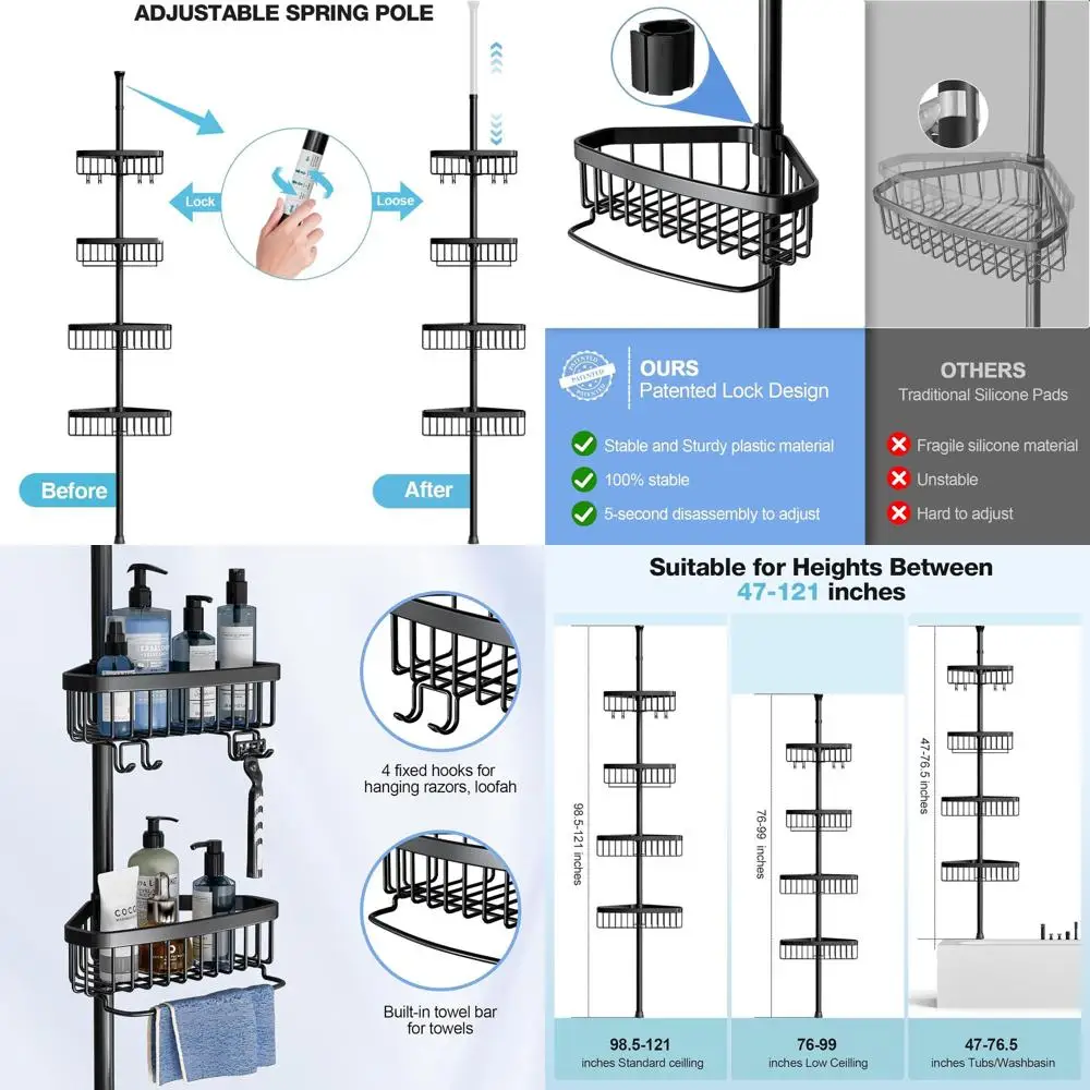 

Adjustable 4-Tier Tension Shower Caddy, Rustproof, 47-121 inch, Quick Install, Black