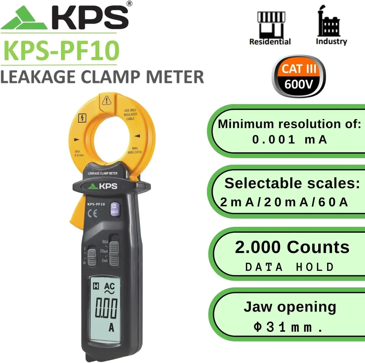 Leakage Clamp Meter 60A AC 2.000 Counts CAT III