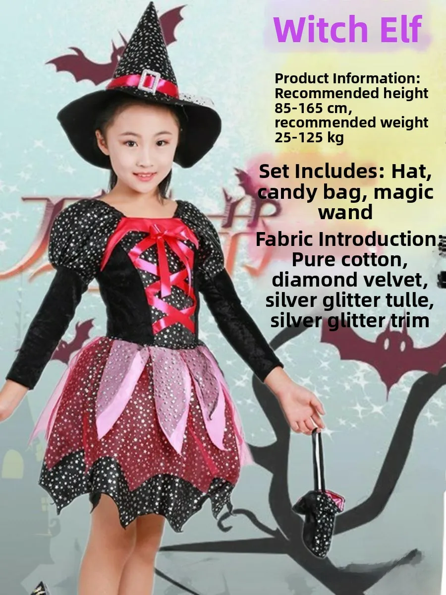 New 2025 Children's Cosplay loween Costume Anime Witch Role-plang Clothing PU Material Spring Season Ladies Faion