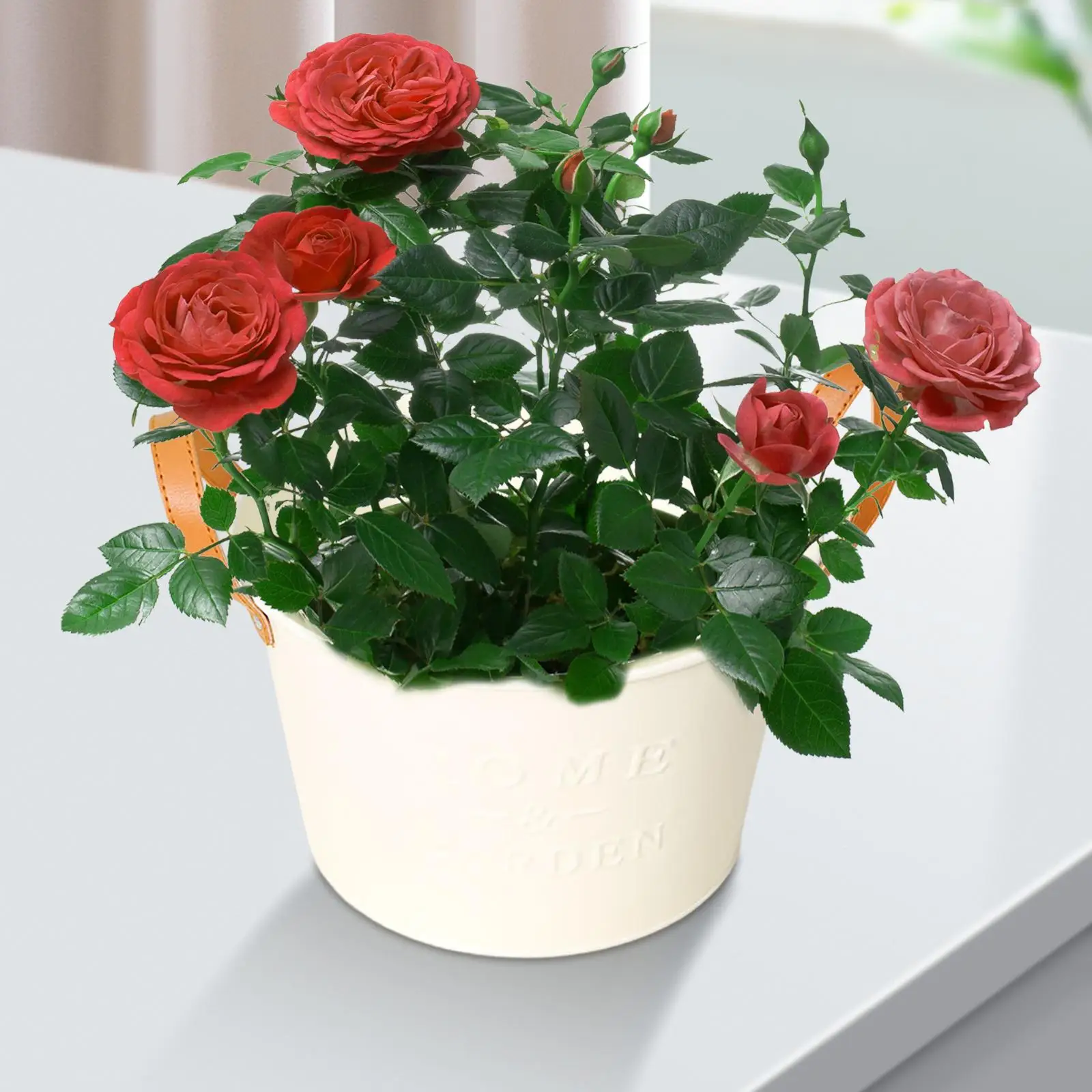Metal Flower Pot Holder with PU Leather Handle Iron Vase Farmhouse Bucket for Indoor Outdoor Garden Home Balcony Decor