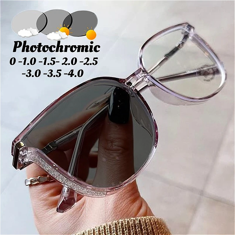 

Photochromic Myopia Glasses for Women Oversized Sparkling Frame Eyewear Outdoor UV Protection Sunglasses Near Sight GLasses