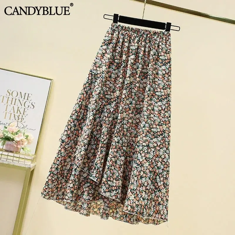 

Fashion Women 2023 Spring And Summer New Chiffon Ruffle Broken Flower Skirt High Waist Elastic Waistr Medium Length A-line Skirt