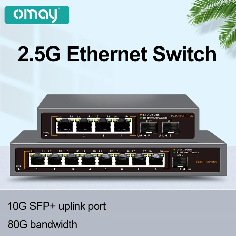 OMAY 2.5GbE Network Switch 4 Ports 2.5G RJ45 with 2 Ports 10G SFP+ Fanless Plug and Play Desktop Wall Mounted