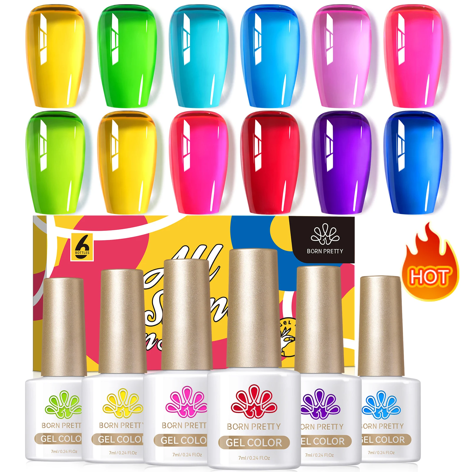 BORN PRETTY 6pcs Neon Glass Jelly Color Gel Nail Polish Set Summer Translucent Blue Pink Yellow Soak Off UV LED Varnish Set