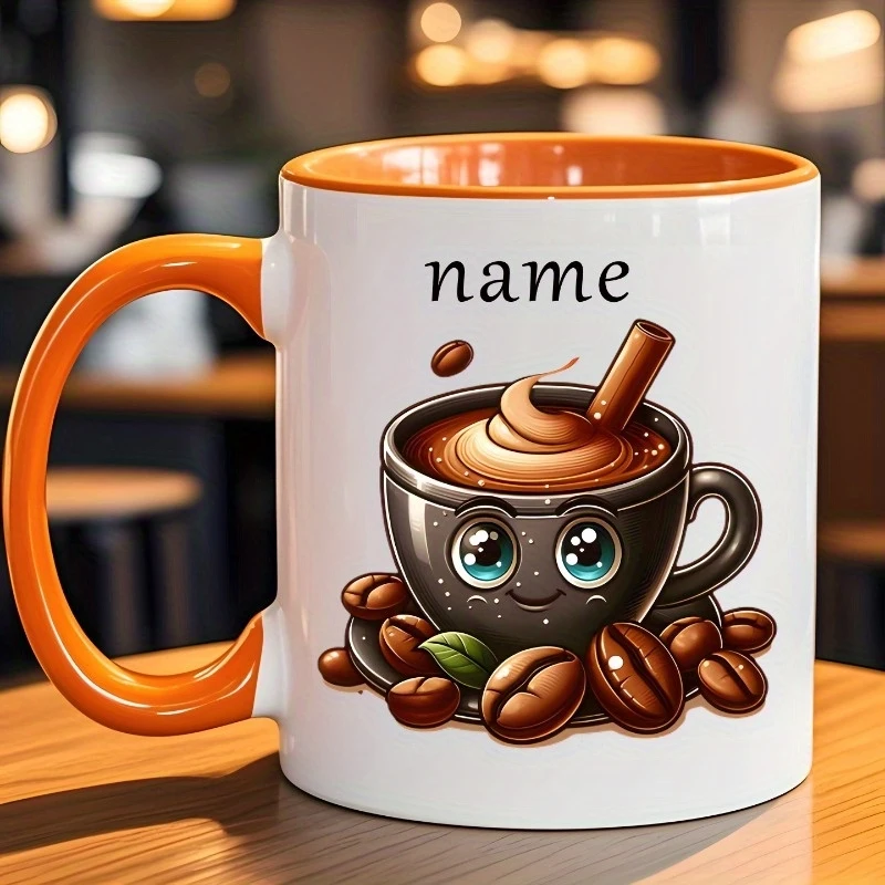 Personalized ceramic coffee mug - customizable with name and coffee bean design - 11oz double-sided printing