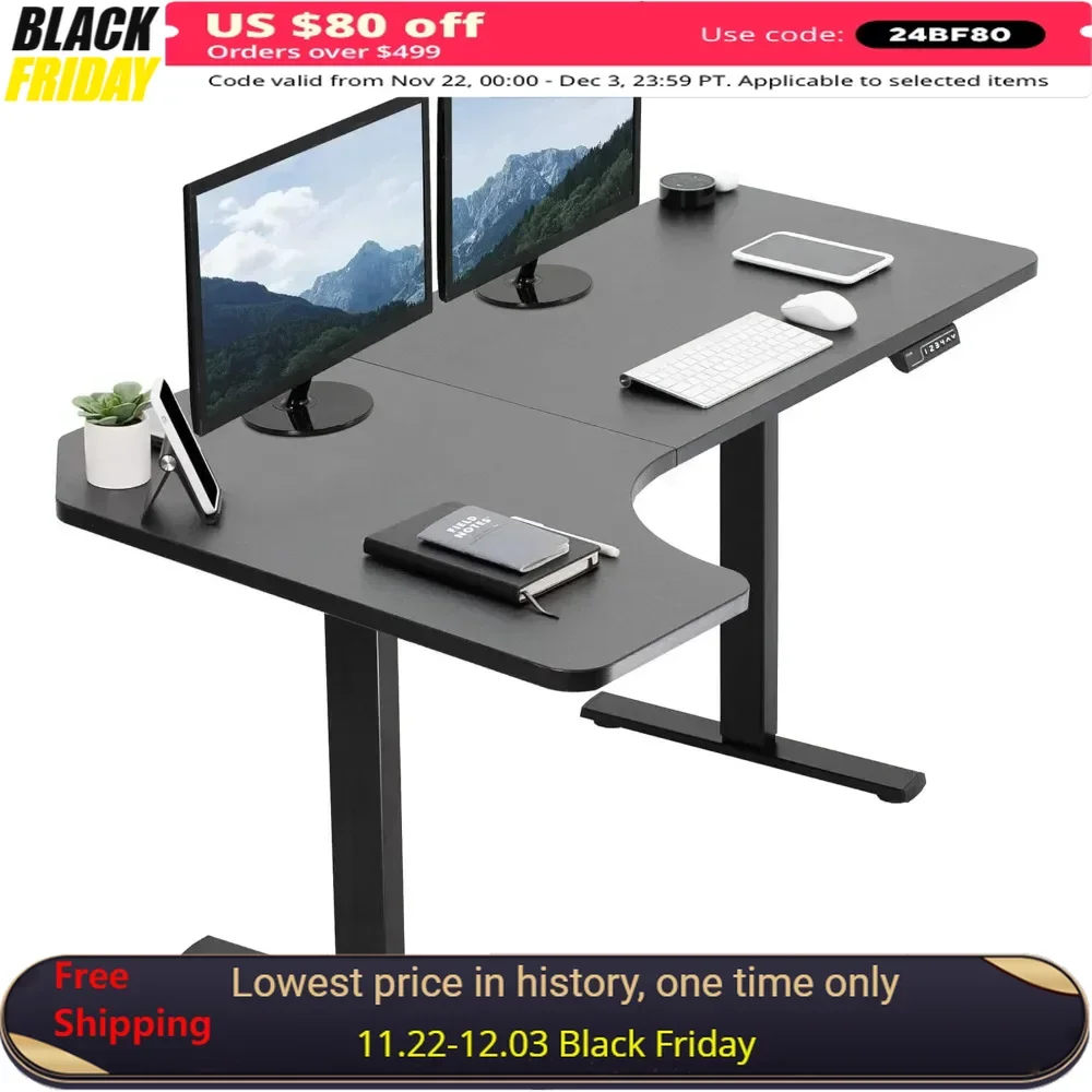 Adjustable L Shaped 58 X 35 Inch Corner Standing Desk, Black Reversible Table Top, Black Frame, Workstation