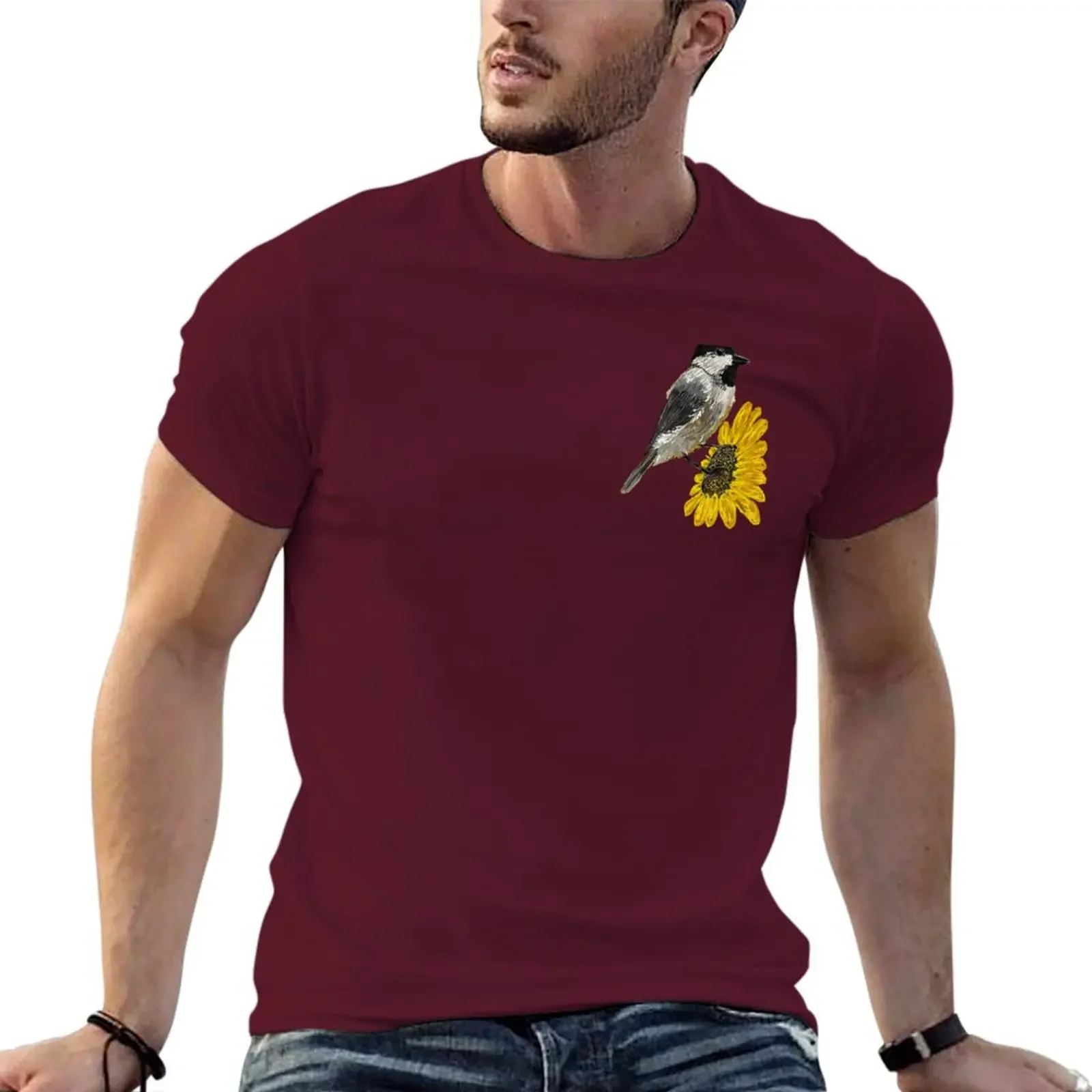 Smaller Sized Sunflower With A Chickadee T-shirt customizeds vintage mens workout shirts