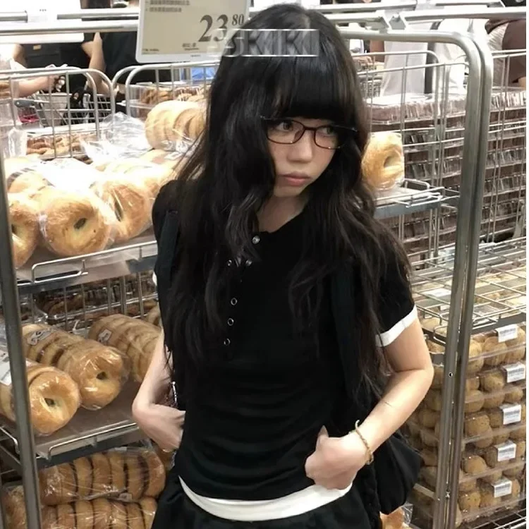 

Slim Fit Short Sleeve T-Shirt 200g Cotton Fake Two-Piece Shoulder American Retro Black Women's Fashion Casual Wear