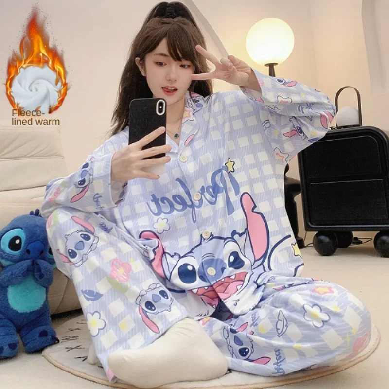 

Disney Stitch thermal pajamas pure cotton thickened silk pajamas women's loose cardigan loungewear set casual women's pajamas