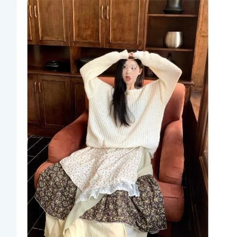New Vintage Floral Lace Splicing Asymmetrical Skirts Women Spring Autumn Rustic Style Sweet High Waist Cake Fluffy Long Skirt