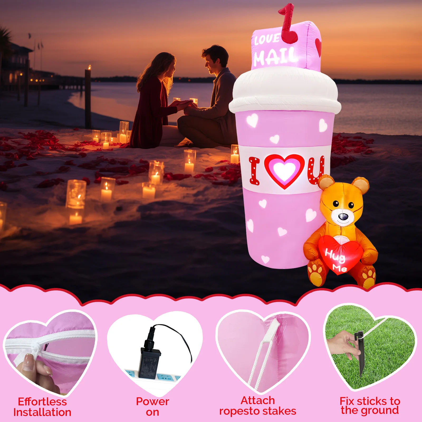 6FT  I Love U,Valentines Inflatables Mailbox Coffee Cup with Bear, Pink Valentines Decorations Inflatable, Wedding Valentines