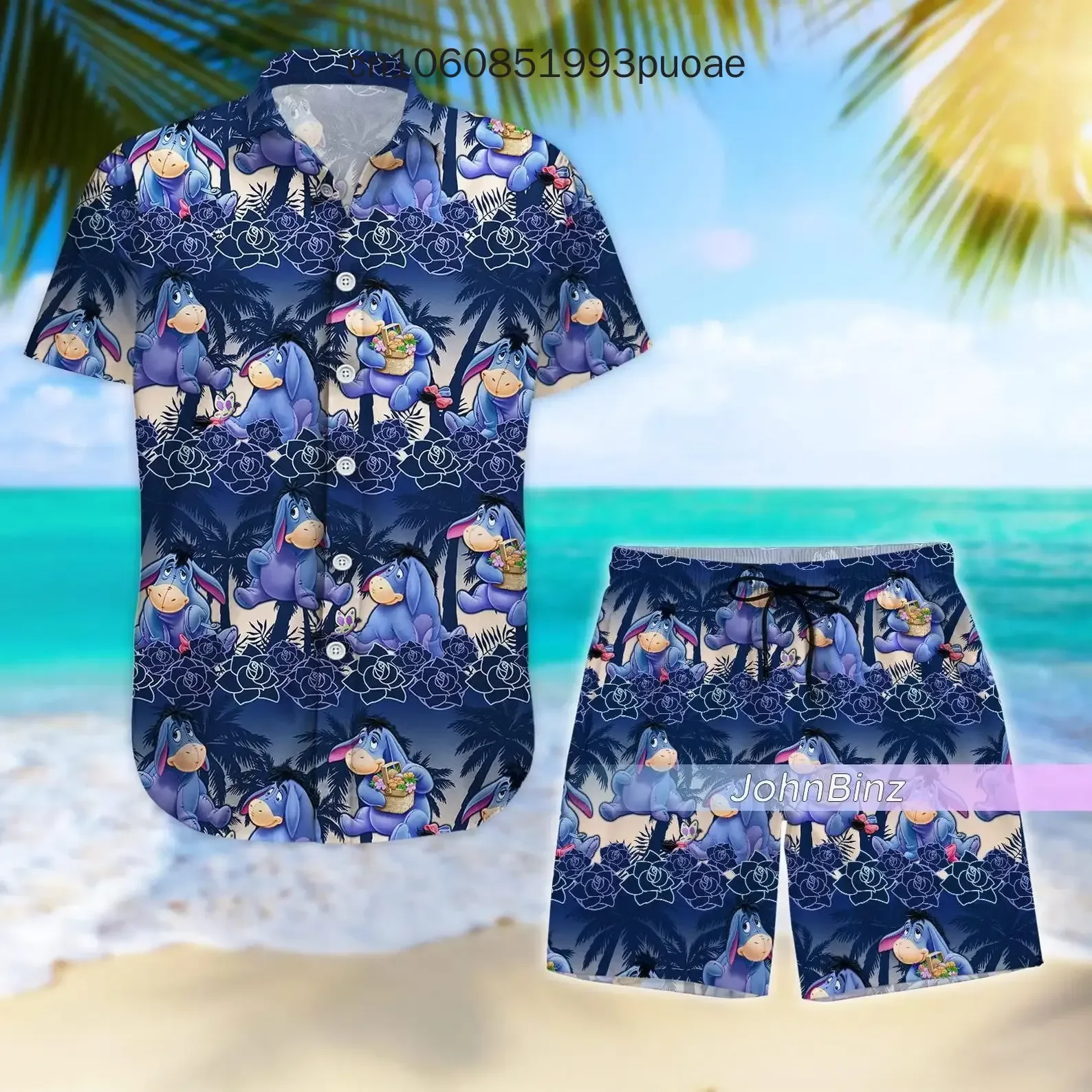 2024 Disney Eeyore Hawaii baju pendek Set Disney pria lengan pendek Set Eeyore liburan pantai kemeja celana pendek Hawaii kemeja