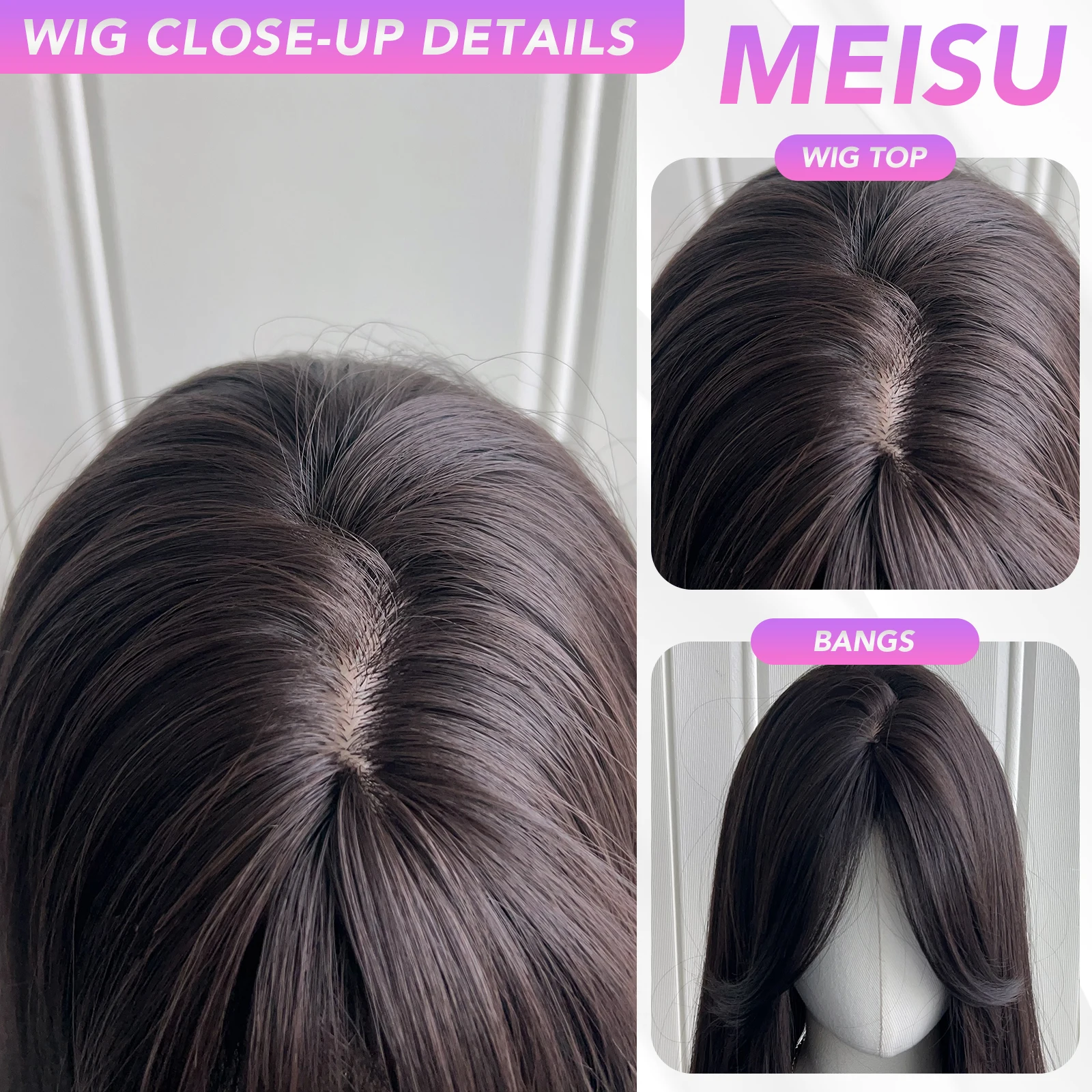 MEISU 24 بوصة الشاي الأسود الاصطناعية الانفجارات شعر مستعار مستقيم الطبقات مستقيم الباروكات الألياف مقاومة للحرارة حفلة أو صورة شخصية للنساء