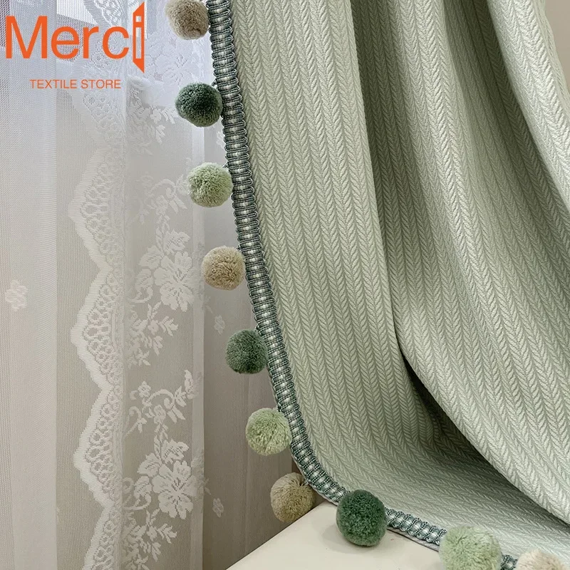 Wheat Grain Milk Green Curtain Big Hair Ball Lace Children's Room Girls and Boys Curtains for Living Dining Room Bedroom Custom