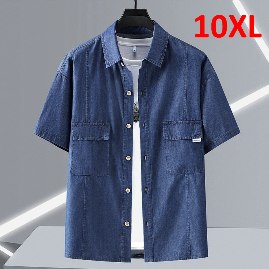 Summer Denim Shirt Men Short Sleeve Denim Shirts Jackets Male Plus Size 10XL Jean Shirts Blue Solid Color Tops Summer