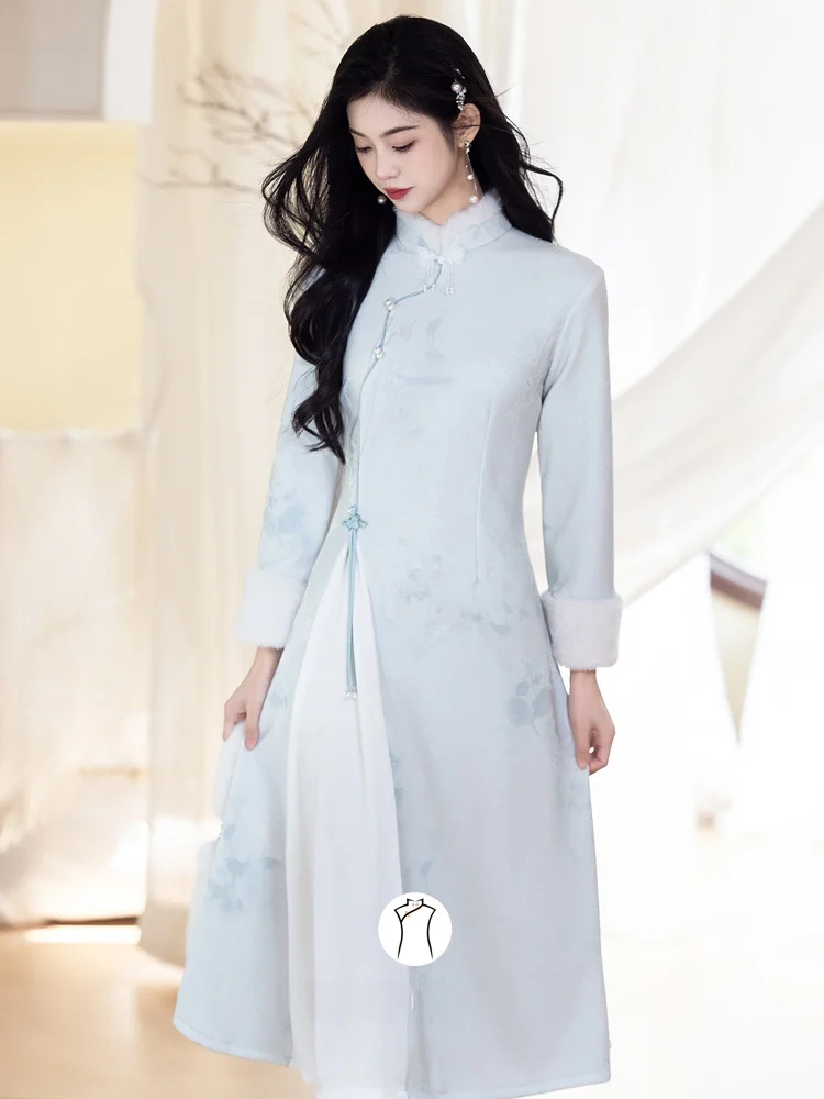 

Новый китайский Sle Thiened Fce на подкладке синий молодежный женский зимний Dr ретро длинный Ципао с высоким воротником теплый длинный све