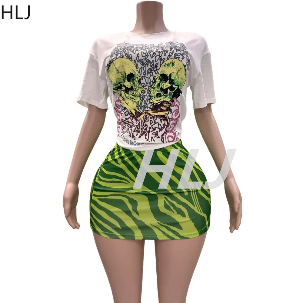 HLJ Pattern Printing Y2K Mini Skirts Two Piece Sets Women Round Neck Short Sleeve Top And Skirts Outfit Fashion Trend Streetwear