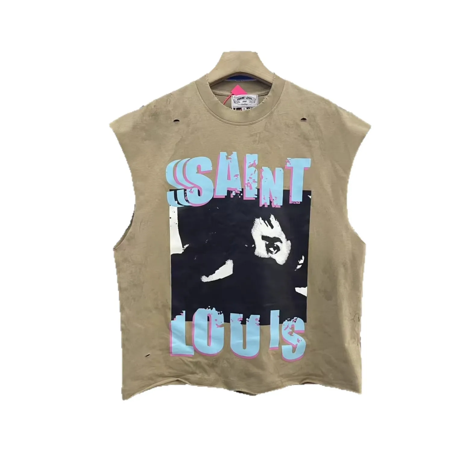 SSSAINT LOUIS 26SS Handcrafted distressed vintage photo print pattern washed-out distressed backless blouse