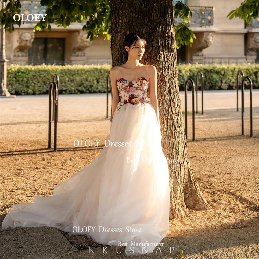 OLOEY Fairy Tulle A Line corea abiti da sposa Sweetheart fiori 3D abiti da sposa da giardino corsetto indietro servizio fotografico abito da sera