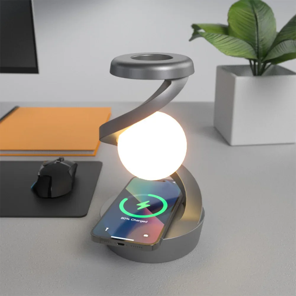 3D Levitating Ball Lamp with Wireless Phone Charger Creative Table 3D LED Lamp Floating Moon Table Lamp for Bedroom Novelty Gift