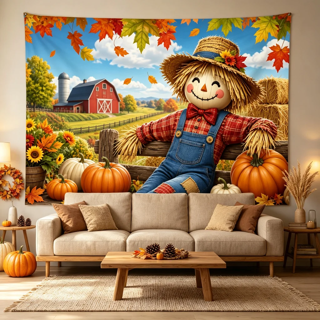 1PC Thanksgiving Fall Scarecrow Pumpkin Farm Red Barn Print Backdrop Banner, Bedroom Photo Background, Polyester, Home Decor