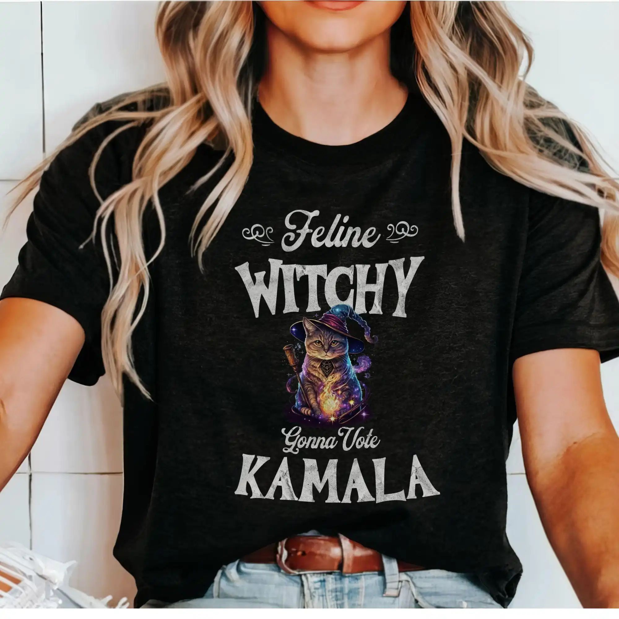 

Kamala Harris Halloween T Shirt Feline Witchy Funny Voting Childless Cat Witch Lady 2024 Election Tee For Plus Sizes