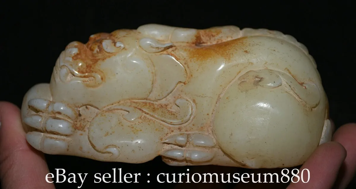 

5.2 inch old-fashioned Chinese natural white jade sculpture of the brave army beast statue -