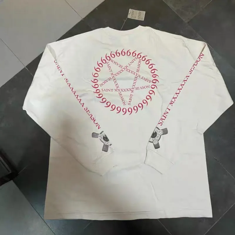 Cross Ring Red Letter 666 Print Saint Long Sleeve Tshirts Vintage Round Neck Pullover White Loose Streetwear Men Women Tops