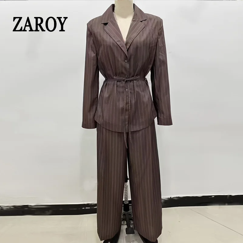 Costume deux pièces en lin pour femme, ensemble pantalon élégant, Blazer rayé, veste droite, jambes larges, nouvelle collection automne ﻿ Aftenстюм