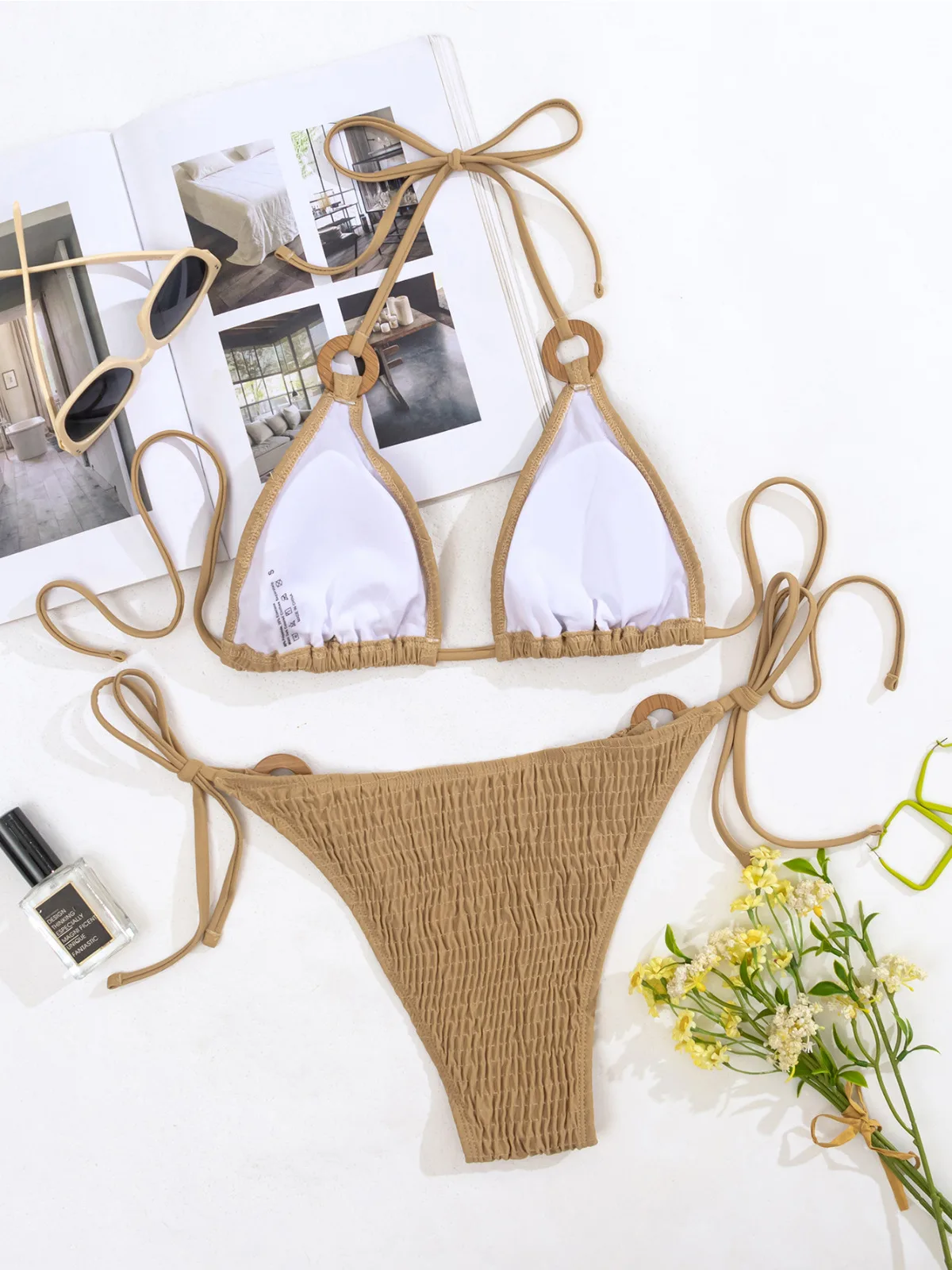 Bikini-Set für Damen, einfarbig, 2-teiliger Badeanzug, Tanga, Ring, Hosenträger, Schnürung, rückenfrei, Bademode, Khaki, Strand-Badeanzug, 2025 neu