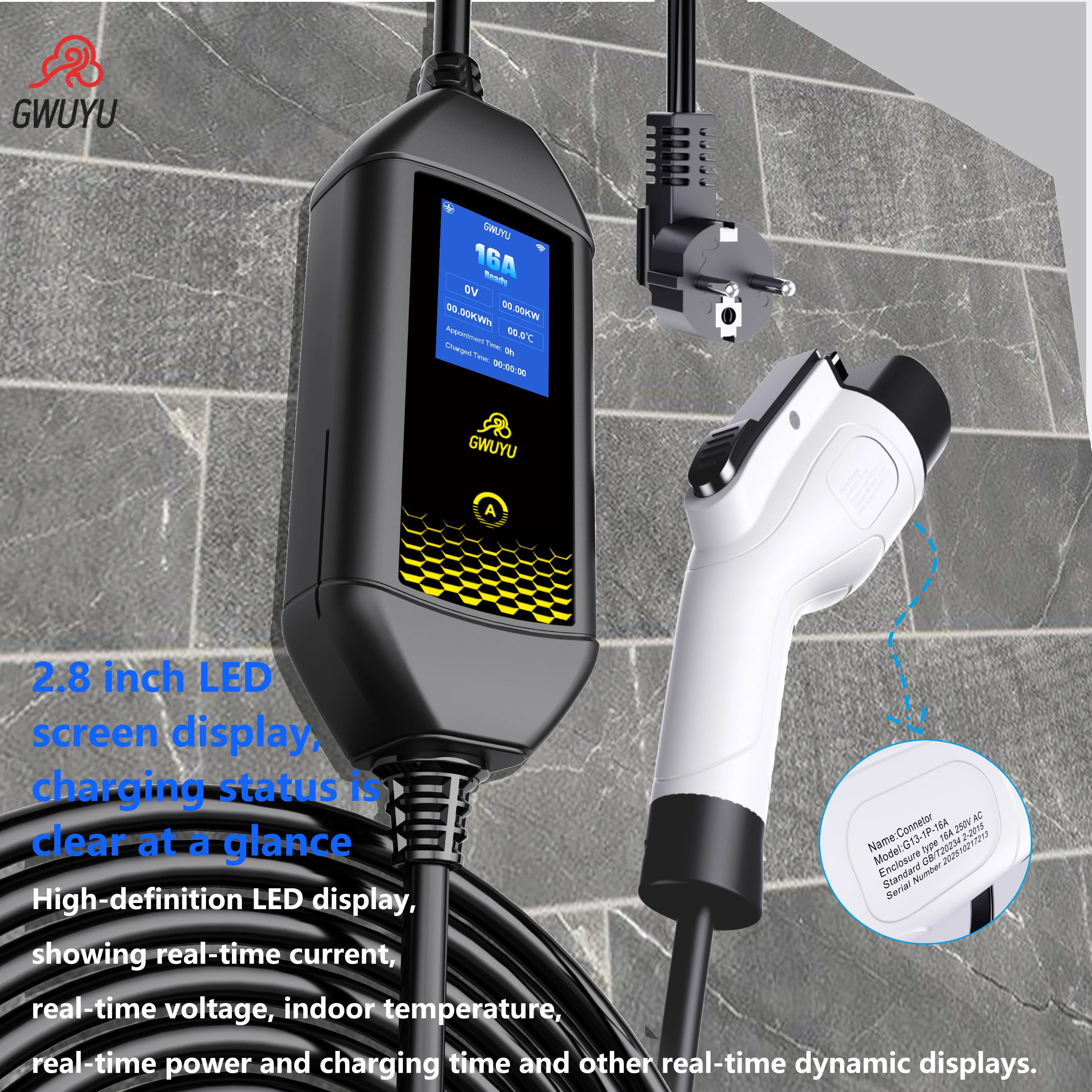 

Портативное зарядное устройство GWUYU EV, 3,5 кВт, 16 А, 1 фаза, тип 2/GBT, вилка, зарядная станция Wallbox с Wi-Fi, Bluetooth, управление через приложение, тип 1, 4 м
