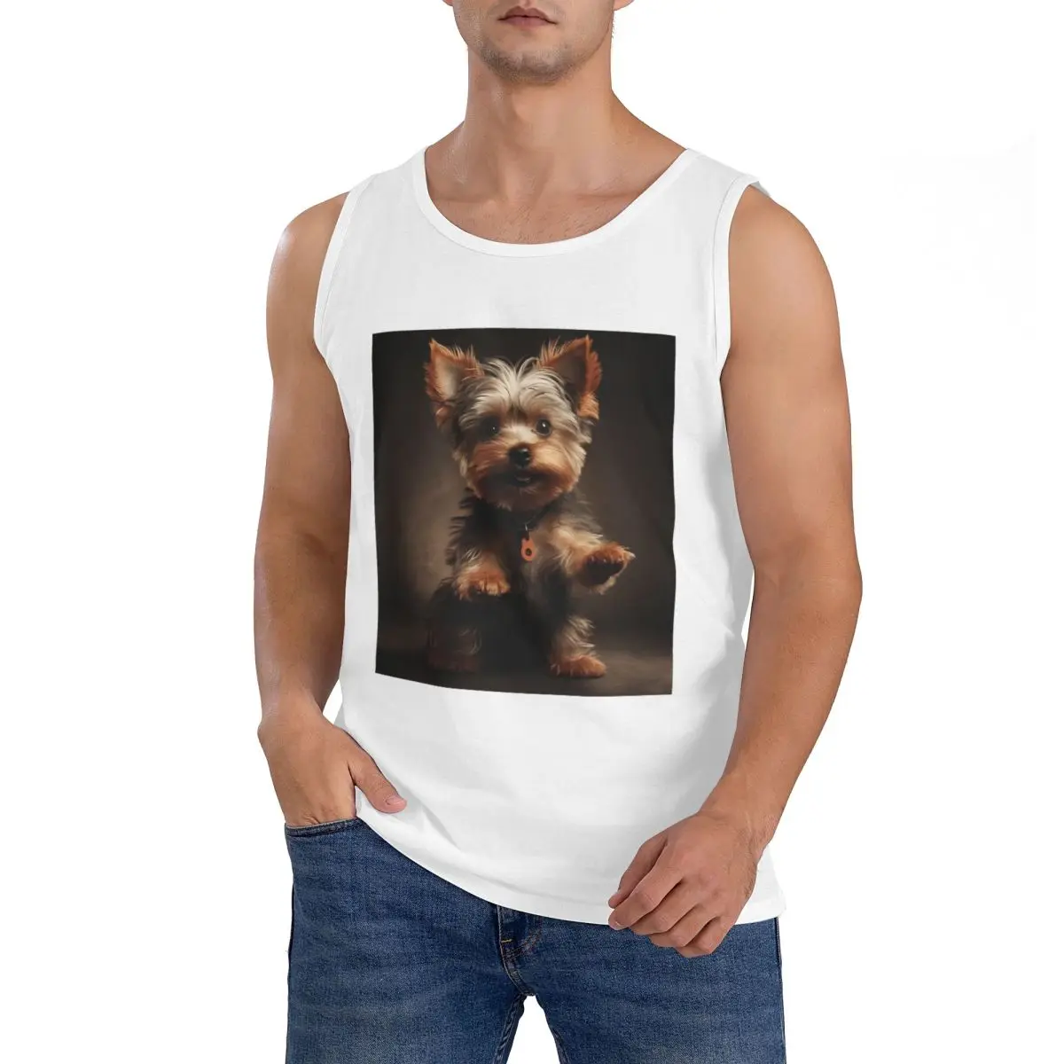100% Cotton Yorkshire Terrier Dog Being Cute Sleeveless T-Shirt Men Workout Sports Clothing Tops Men's Crew Neck Vest