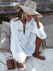 Bikini Abdeckung-ups Sommer Bademode Spitze Tunika Shirt Strand Kleid Frauen Badeanzug Strand Cover Up Boho Beachwear Solide Weiß kleider