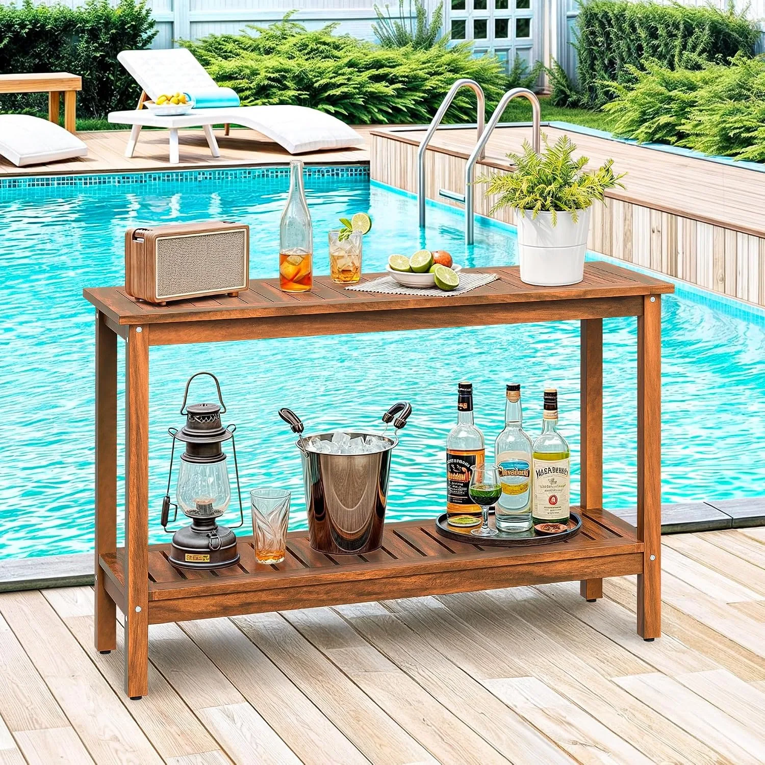 48in 2-Shelf Solid Wood Patio Side Table, Indoor Outdoor Buffet Bar Organizer , Customized
